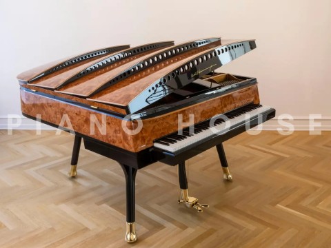 PH Bow Grand Piano | American Red Maple Burl with Brass | Modern | Sculptural