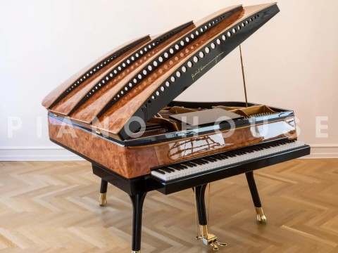 PH Bow Grand Piano | American Red Maple Burl with Brass | Modern | Sculptural