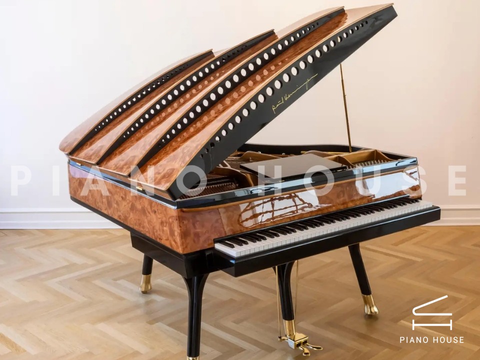 PH Bow Grand Piano | American Red Maple Burl with Brass | Modern | Sculptural